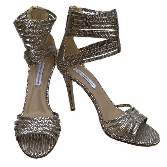 Diane Von Furstenberg Ursula Metallic Caged Heels, Size 8.5B, Strappy Sandals - Picture 1 of 11